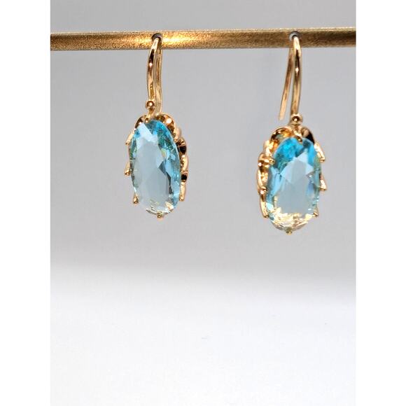 Gold Tone Oval Blue Crystal Fish Hook Earrings - Picture 6 of 6